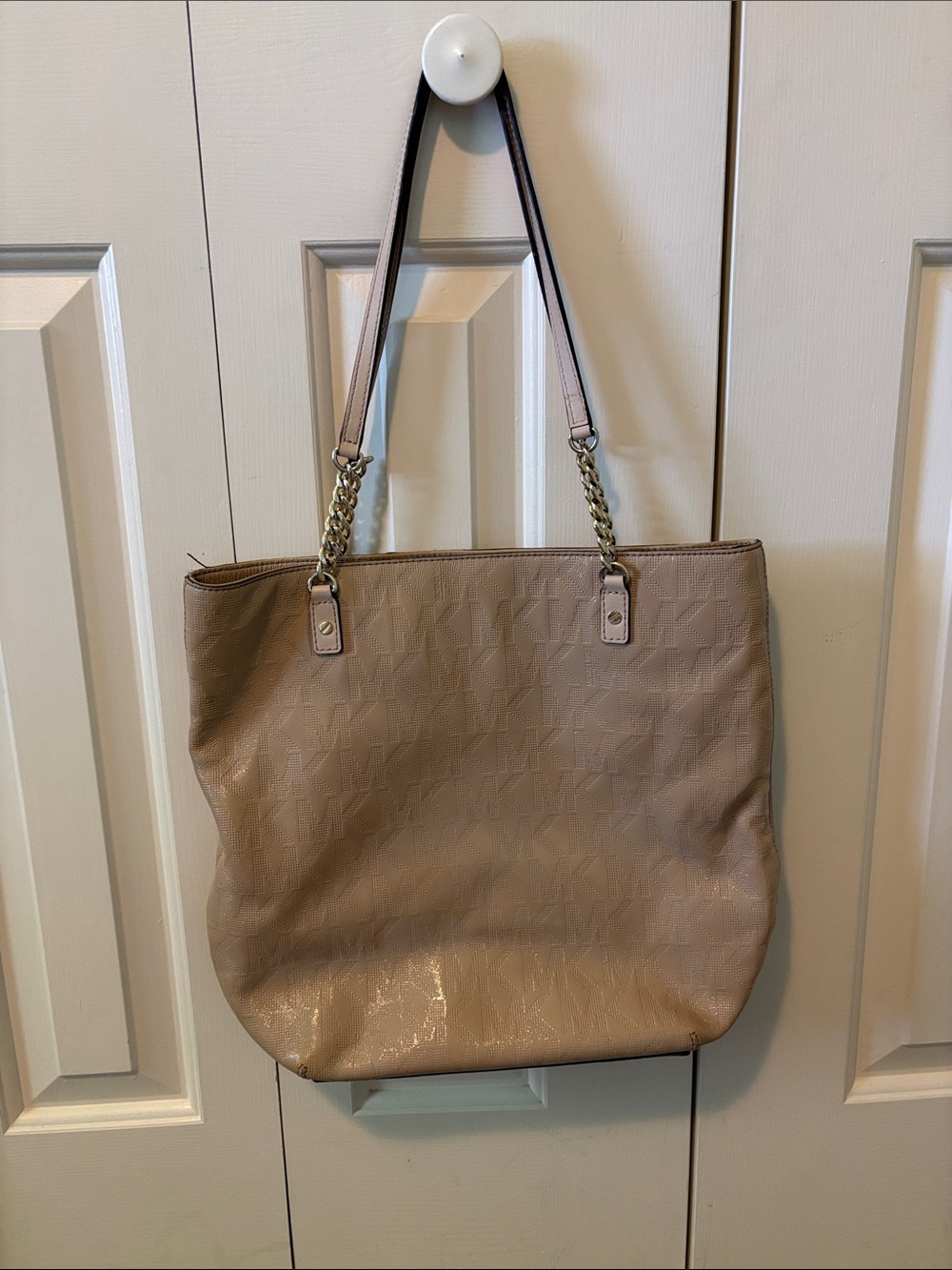 Michael Kors Tan Logo-Embossed Tote with Chain-Strap Accents